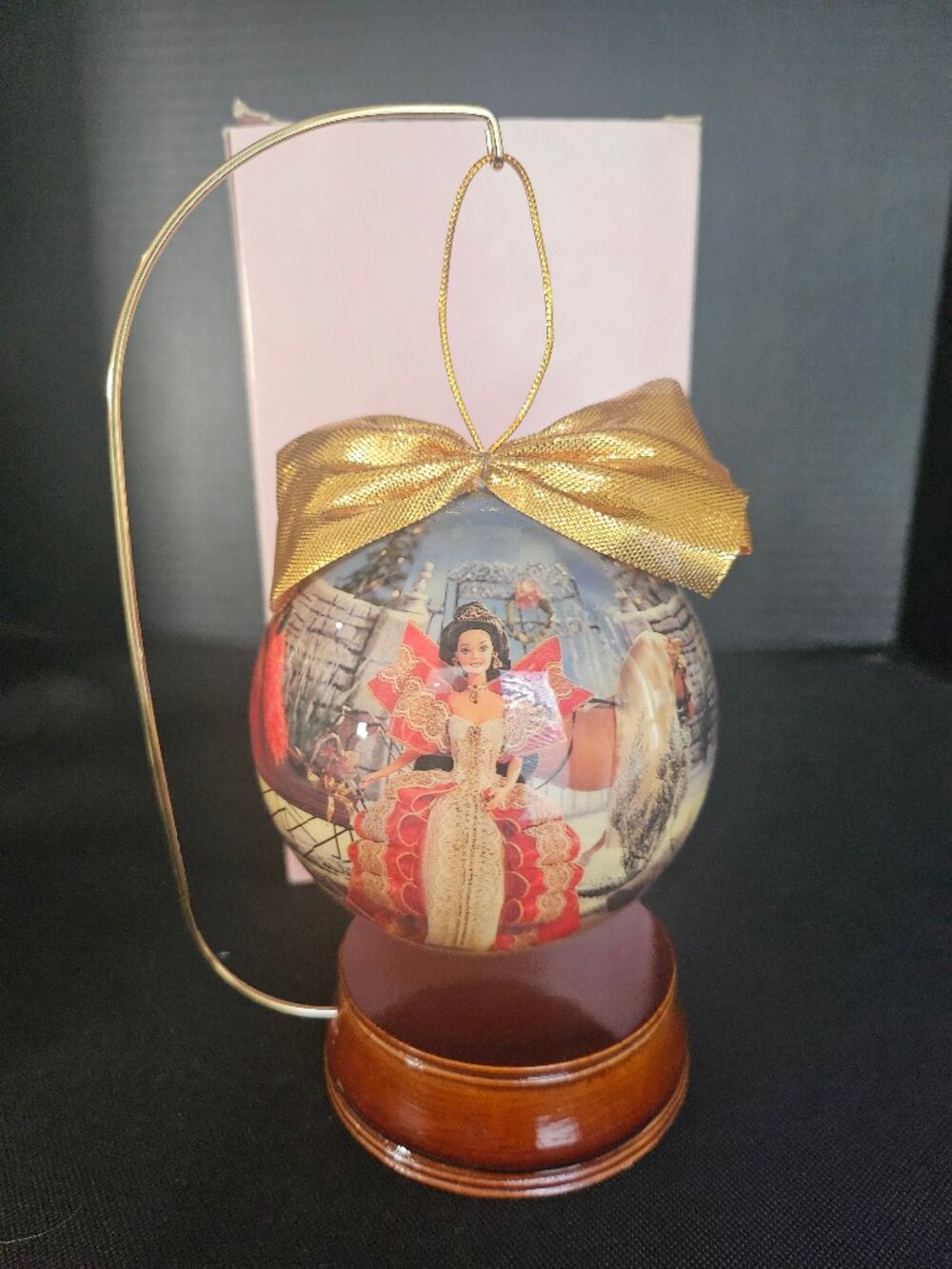 New Inbox 1997 holiday Barbie 4 inch. Decoupage ornament with stand.